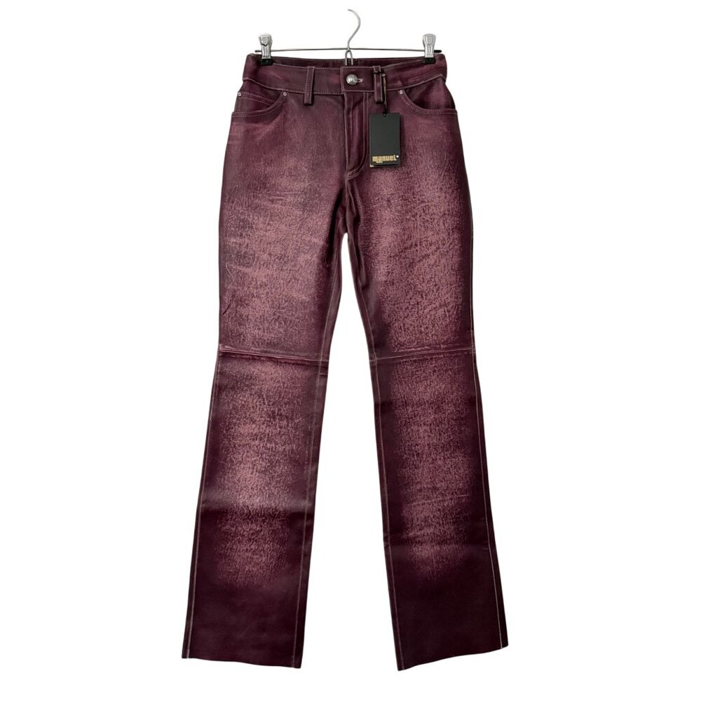 Manuel Cuevas Distressed Raisin 100% Leather Raw Hem Bootcut Pants Womens 6 NEW